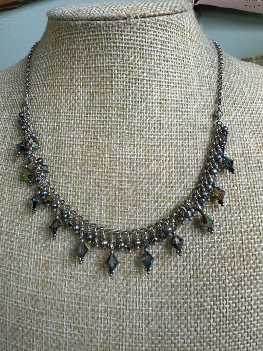 Silver Beaded Fringe Necklace with Iridescent Crystals and Genuine Pearls 925